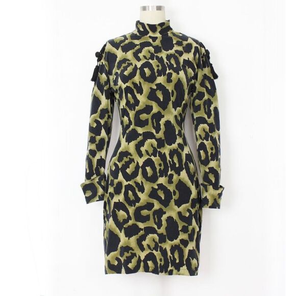 80s Vintage Luciano Pavarotti Olive Leopard Print Dress Tassel Italy US 8 RARE - Picture 1 of 14